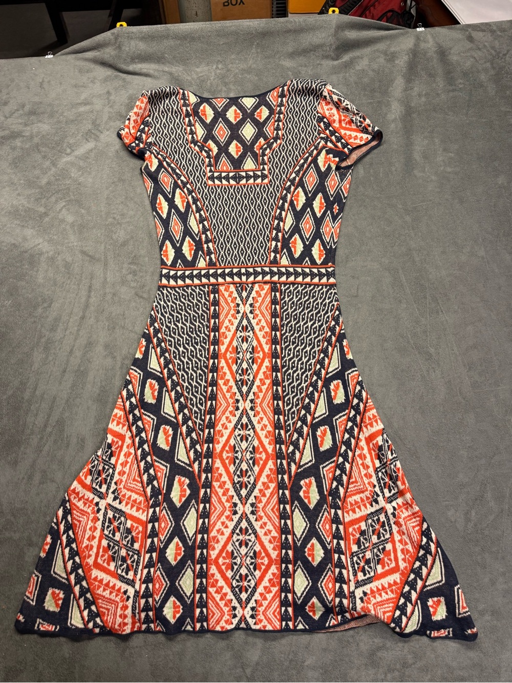 BCBGMaxAzria “Kayla” Silk Knit Coral & Navy Geometric Short-Sleeve Midi Dress - Picture 11 of 11